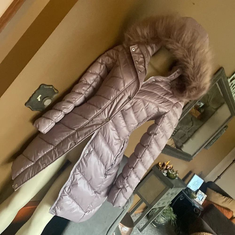$295 Kenneth Cole Long Puffer Coat hooded fur trim XS